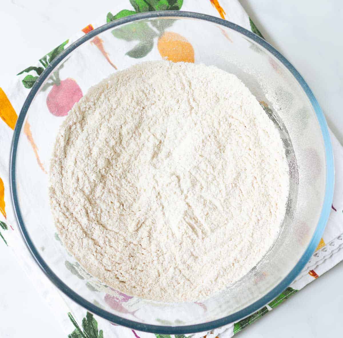 Dry ingredients in a mixing bowl.